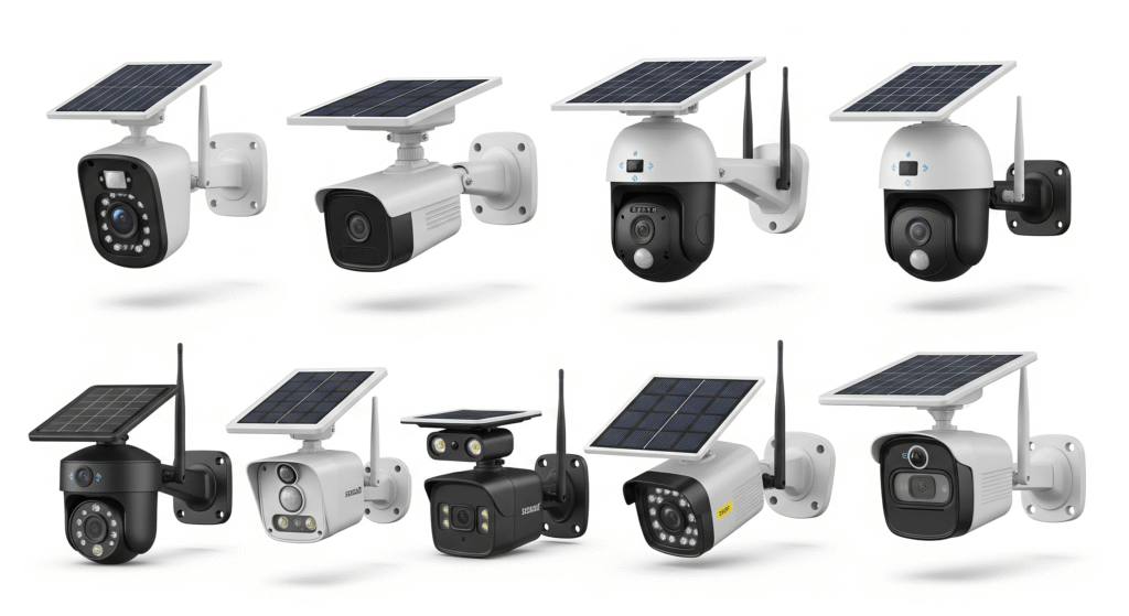 Conjunto de 8 cámaras de seguridad inalámbricas con panel solar integrado y antenas, mostrando una variedad de diseños en blanco y negro, ideales para vigilancia exterior.